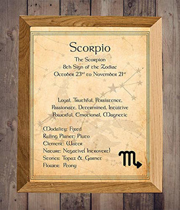 Picture of "Scorpio-The Scorpion" Zodiac Sign Wall Art. 8 x 10" Print Wall Print-Ready to Frame. Constellation Design-Astrology Decor for Home-Office-Bedroom. Horoscope's Adjectives-Primary Elements. Great Gift!
