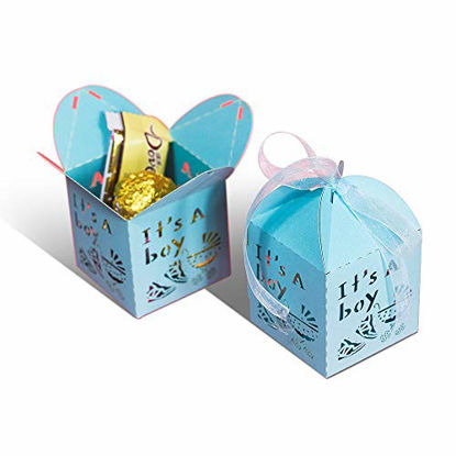 Picture of YOZATIA 50pcs Laser Cut Baby Carriage Favor Box Bomboniere Gift Candy Boxes Baby Shower Party Decoration,2.2 x 2.2 x 2.2 InchesBlue