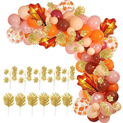 Picture of Fall Balloons Garland Kit,157 Pack Orange Brown Confetti Balloons 16Ft Balloon Arch Strip Maple Leaves for Autumn Harvest Birthday Thanksgiving Party Fall Decorations