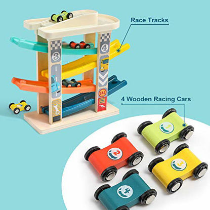 Picture of TOP BRIGHT Toddler Wooden Race Track Car Ramp Toys for 1 2 Year Old Baby Motor Skills Race Tracks Car Ramp Vehicle Playsets with 4 Mini Cars and 1 Car Garage