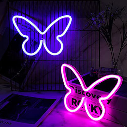 Picture of 2 Pieces Butterfly Neon Signs Pink Blue Butterfly LED Light 3-AA Battery Powered,USB Operated Wall Neon Light Decor Butterfly Neon Wall Art for Christmas, Birthday,Wedding, Outdoor Events,Bedroom
