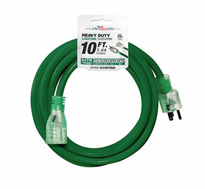 Picture of 10 ft Extension Cord 12/3 SJTW with Lighted end - Green - Indoor / Outdoor Heavy Duty Extra Durability 15AMP 125V 1875W ETL Listed by LifeSupplyUSA