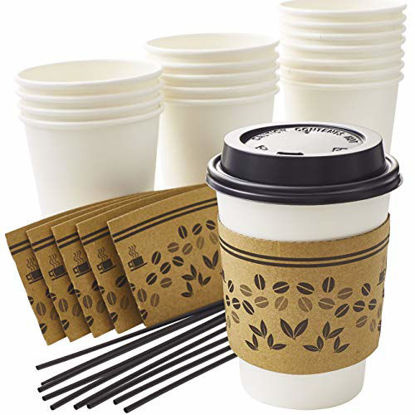 Picture of 50Pk 12 Oz Disposable Coffee Cup Set With Sleeves, Lids, and Stirrers. Recyclable White Paper Cup Bundle With Stylish Jacket Is Convenient for Business or Cafes to Serve Hot Beverages and Drinks To Go