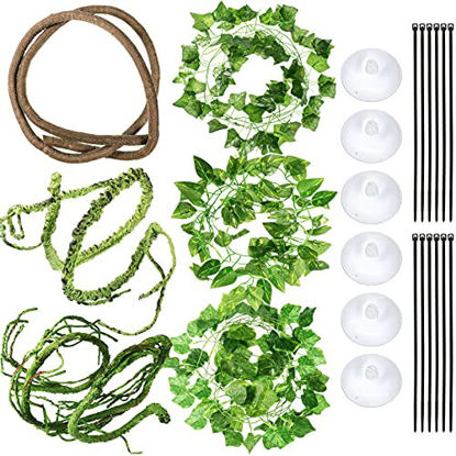 Picture of 6 Pieces Reptile Terrarium Decoration Set Reptile Jungle Vines Artificial Plant Leaves with Suction Cups Pet Habitat Decor for Bearded Dragon, Chameleon Gecko Lizards Snakes Tree Frog More Reptiles