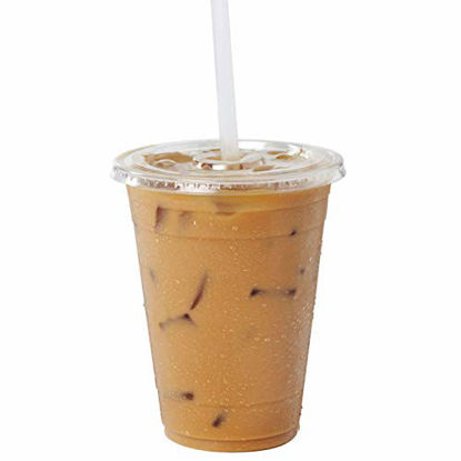 Picture of [50 Pack] 16 oz BPA Free Clear Plastic Cups With Flat Slotted Lids for Iced Cold Drinks Coffee Tea Smoothie Bubble Boba, Disposable, Medium Size