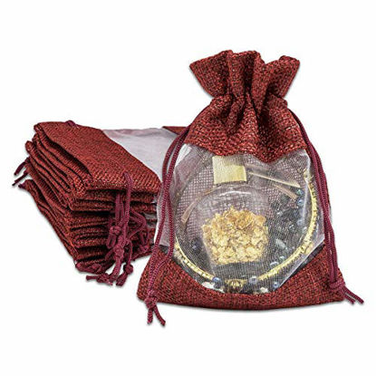 Picture of 48-Pack Small Linen Burlap & Sheer Organza Gift Bag with Drawstring (Maroon Red, 3.5x5.5), for Christmas Presents, Party Favors, Cosmetic Samples Mesh Pouch by TheDisplayGuys