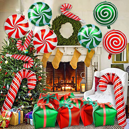 Picture of 30Pcs Christmas Mylar Balloons, Large Candy Cane Swirl Foil Balloons with Ribbons, Red Green Balloons for Christmas Birthday and Candies Theme Party Decorations