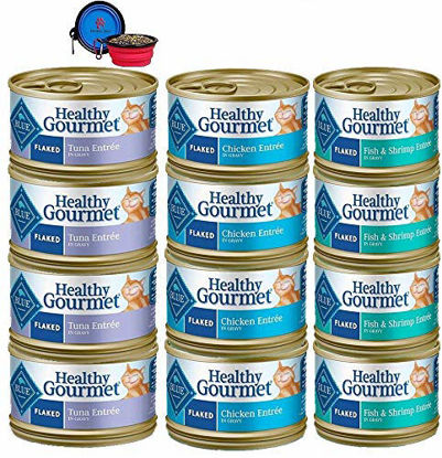 Picture of Blue Buffalo Healthy Gourmets Cat Food Variety Bundle - No Grains Gourmet Flaked 3 Flavors - 12 Pack (Chicken,Tuna,Fish & Shrimp) (36 Ounce Total) W/Bundle Hotspot Pets Travel Bowl