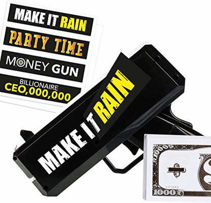 Picture of Money Gun Make It Rain - Fun Shooting Prop Cash Gun Shooter, Includes Fake 100 Dollar Bills & 4 Unique Black Stickers for all Celebrations. Shoot Some Supreme Fun into your Bachelor Party or Wedding!