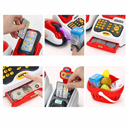 Picture of Pretend Play Smart Cash Register Toy, Kids Cashier with Checkout Scanner,Fruit Card Reader, Credit Card Machine, Play Money and Grocery Play Food Set, Educational Toys for Boys & Girls Gifts Toddlers