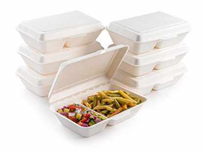 Picture of brheez Bagasse Take-Out White Disposable Pack of 50 (9"x6" - 2 Compartment) Clamshell Lid Containers, Biodegradable, Compostable & Chemical Free