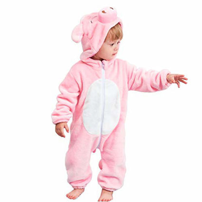 Picture of MICHLEY Baby Romper Winter Flannel Newborn Infant Jumpsuit Outfit Animal Cosplay Halloween Costume, Pink Pig, 13-18 Months, Size 90