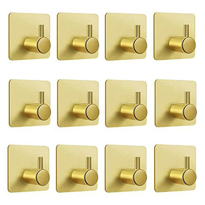 Picture of VAEHOLD Gold Adhesive Hooks , Heavy Duty Wall Hooks Waterproof Aluminum Hooks for Hanging Coat, Hat, Towel, Robe, Key, Clothes, Towel Hook Wall Mount for Home, Kitchen, Bathroom, Office (12, Gold)