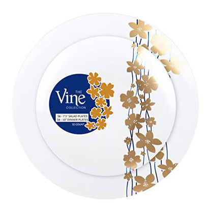 Picture of Plasticpro White Plastic Design Party Plates Premium heavyweight Elegant Disposable Tableware Dishes (32, Vine Collection Blue/Gold)