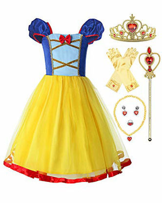 Picture of ReliBeauty Little Girls Elastic Waist Backless Princess Snow White Dress Costume with Accessories Yellow, 4-5/130