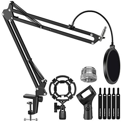 Picture of InnoGear Microphone Stand for Blue Yeti Adjustable Suspension Boom Scissor Arm Stand with 3/8"to 5/8" Screw Adapter Shock Mount Windscreen Pop Filter Mic Clip Holder Cable Ties, Large