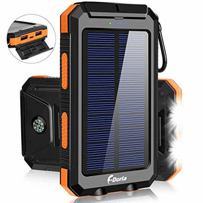 Picture of Solar Charger, F.DORLA 20000mAh Portable Outdoor Waterproof Solar Power Bank, Camping External Backup Battery Pack Dual 5V USB Ports Output, 2 Led Light Flashlight with Compass (Orange)