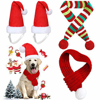 Picture of Frienda 4 Pieces Christmas Dog Scarf with Large Santa Hat 2 Adjustable Christmas Pet Hat and 2 Pet Knit Red Scarf with White Pompom Ball Striped Scarf Winter Pet Accessory for Small Medium Large Dog