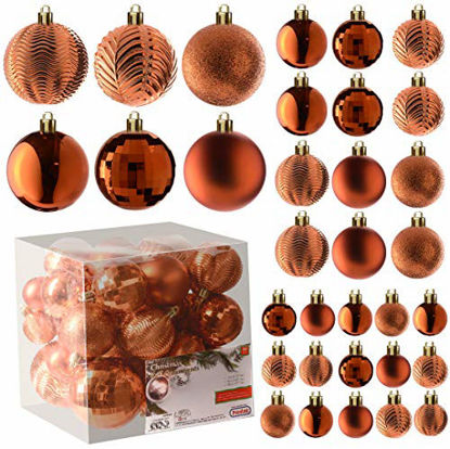 Picture of Prextex Copper Orange Christmas Ball Ornaments for Christmas Decorations - 36 Pieces Xmas Tree Shatterproof Ornaments with Hanging Loop for Holiday and Party Decoration (Combo of 6 Styles in 3 Sizes)