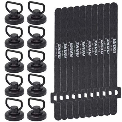 Picture of Magnetic Hook, 15 lb Holding Force Neodymium Supermagnet, 10-PK, Includes 10 Reusable Cable Wrap Ties, Easily Bind Cables, Wires, Hoses, Tools, etc. to any Metal (Ferromagnetic) Surface (10-PK, Black)