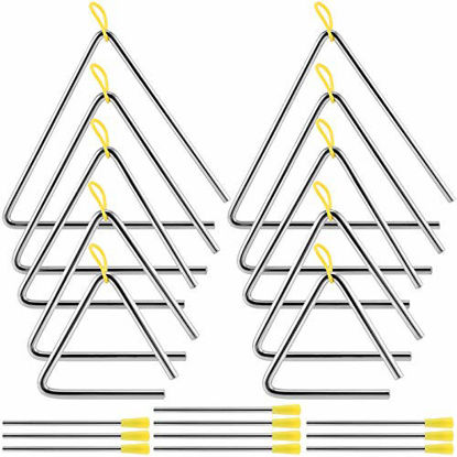 Picture of ZEONHAK 10 Pack 5 Sizes Musical Steel Triangle Percussion Instrument with Striker, Triangle Music Instrument, Triangle Hand Percussion Instrument for Children Music Enlightenment, 4, 5, 6, 7, 8 inch