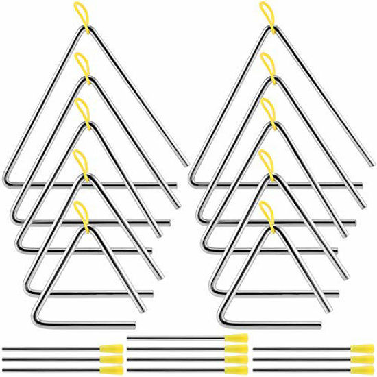 Picture of ZEONHAK 10 Pack 5 Sizes Musical Steel Triangle Percussion Instrument with Striker, Triangle Music Instrument, Triangle Hand Percussion Instrument for Children Music Enlightenment, 4, 5, 6, 7, 8 inch