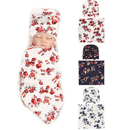 Picture of BQUBO Newborn Floral Receiving Blankets Infant Baby Swaddling Hats Sleepsack Toddler Warm Shower Gift 3 Pack