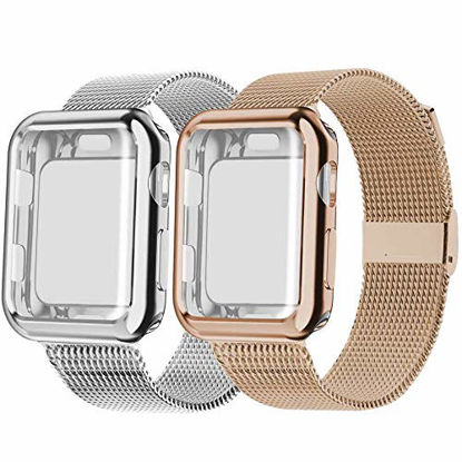 Picture of Swhatty Compatible with Apple Watch Band 42mm with Case, Stainless Steel Mesh Loop Band with Protective Screen Protector Compatible with iWatch Series 1/2/3/4/5/6/SE (42mm Silver & Light Gold)