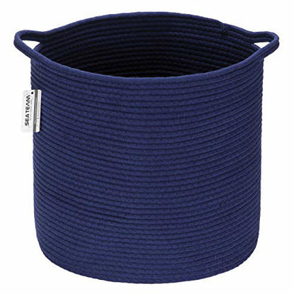 Picture of Sea Team Medium Size Cotton Rope Woven Storage Basket with Handles, Laundry Hamper, Trunk Organizer, Clothes Toys Bin for Kid's Room, 13.8 x 10.2 inches, Round Open Design, Dark Blue