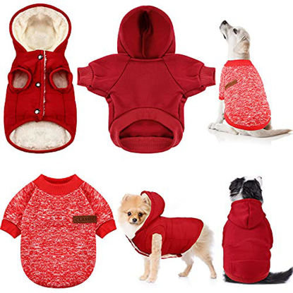 Picture of 3 Pieces Pet Dog Clothes Christmas Knitwear Fleece Warm Dog Hoodie Winter Dog Hoodie Sweater New Year Small Dog Jacket Hooded Puppy Coat Clothing Soft Thickening Pup Dogs Shirt for Dogs, Red (Large)