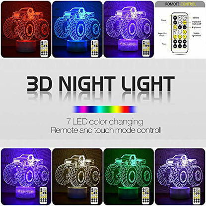 Picture of Night Lights for Kids Monster Truck 3D Night Light Bedside Lamp 7 Colors Changing with Remote Control and Timing Function Best Birthday Gifts for Boys Girls Kids Baby