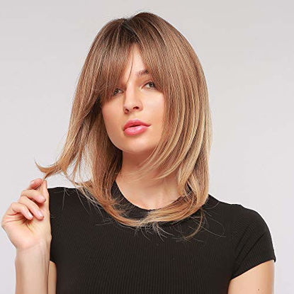 Picture of HAIRCUBE Wigs for Women Shoulder-Length Ombre Brown Wigs Charming Long Curly Wigs 18 Inch Wig with Bangs Daily Use
