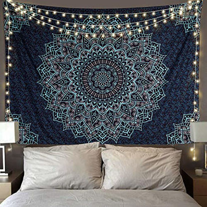 Picture of Black Blue Mandala Tapestry Wall Hanging Vintage Tapestries Aesthetic Hippie Wall Decor Bohemian Wall Art Boho Home Decoration for Bedroom,Living Room,Dorm