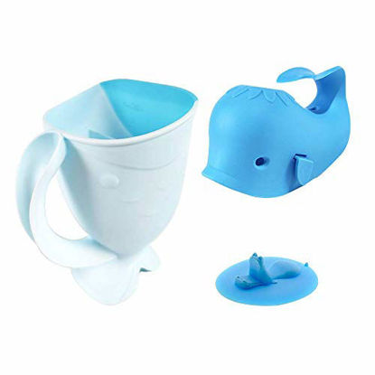 Picture of ALIBEBE Bath Cup Set Faucet Cover Whale Bath Spout Cover with Shampoo Rinse Cup and Bathtub Plug for Kids Bath, Blue
