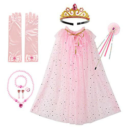 Picture of Princess Dress Up Cape with Crown Wand Gloves Jewelry Set Girls Cloak Halloween Costume Accessories Pink