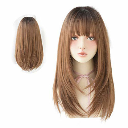 Picture of HUAISU Long Black Straight Hair Wig with Bangs Synthetic High Density Long Hair Wig for Women (Brown, 22inch)