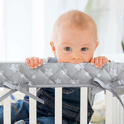 Picture of 3-Piece Padded Baby Stars Crib Rail Cover Protector Set from Chewing, Crib Rail Teething Guard for Standard Cribs, 1 Front Rail and 2 Side Rails, Secure Crib Rail Guard