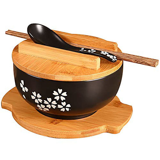 Picture of Japanese Ramen Bowls Japanese Rice Bowl (Contains chopsticks and spoons, Base) Ceramic Ramen Bowl Hand Drawn Rice Bowl Retro Tableware Noodle Bowl 6.5 inch (US-DGW-Set)