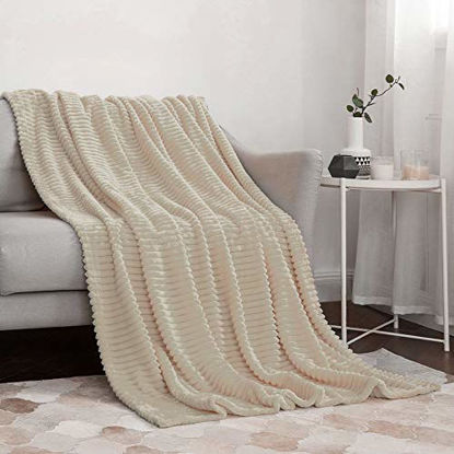 Picture of MIULEE Fleece Throw Blanket with Stripe Pattern Fuzzy Flannel Beige Blanket for Couch Plush Warm Cozy Bed Blanket Boho Decor for Bed Sofa Chair Twin Size 60"x80"