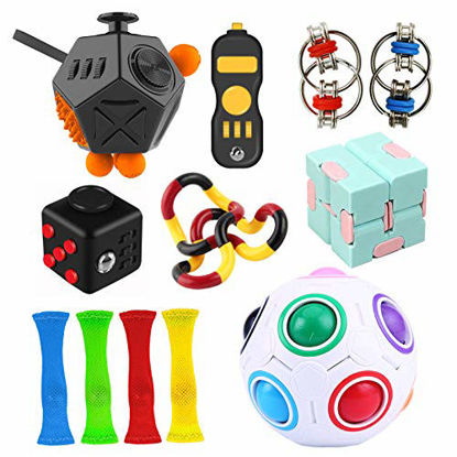 Picture of 12 Pcs Fidget Toy Set, Include 12-Side Fidget Cube Infinity Cube Rainbow Puzzle Ball Flippy Chain Fidget Pad Marble Toy Tangle Relax Therapy Stress Reducer for Autism Stress and Anxiety Relief