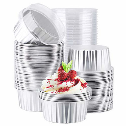 Picture of Foil Ramekins with Lids, Eusoar 5oz 100pcs Aluminum Foil Cupcake Liners, Muffin Liners Cups with Lids, Cupcake Baking Cups Holders Cases Boxes Pans
