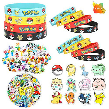Picture of 98Pcs Anime Birthday Party Supplies Favors Set Include 12 Bracelets, 12 Button Pins, 24 Mini Cartoon Figures 50 Anime Stickers for Kids