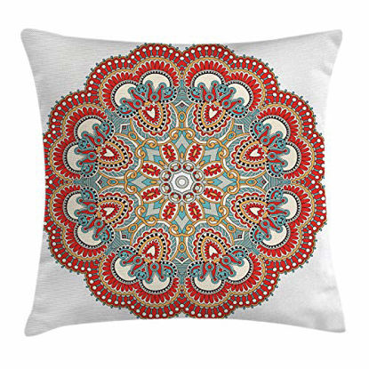 Picture of Ambesonne Mandala Throw Pillow Cushion Cover, Macro Mandala with Nature Elements Mosaic Design, Decorative Square Accent Pillow Case, 20" X 20", Vermilion White