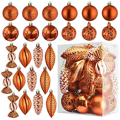 Picture of Copper Orange Christmas Ball Ornaments for Christmas Decorations - 24 Pieces Xmas Tree Shatterproof Ornaments with Hanging Loop for Holiday and Party Decoration (Combo of 8 Ball and Shaped Styles)