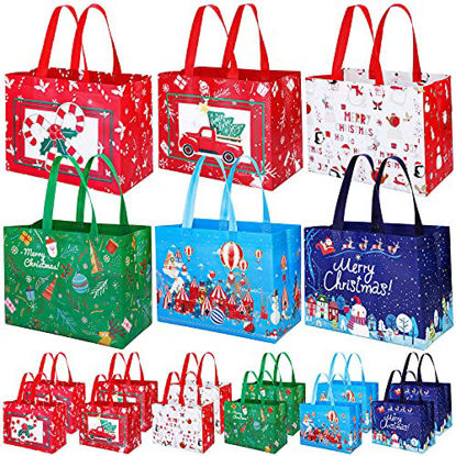 Picture of Aneco 18 Pack Christmas Tote Bags with Handles Reusable Gift Bags with Assorted Styles for Christmas Shopping and Decoration Holiday Party Supplies, 12.8 x 9.8 x 6.7 Inches