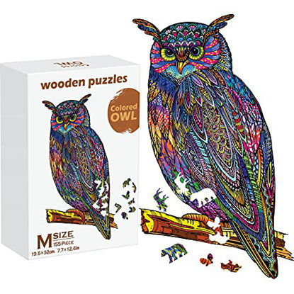 Picture of Owl Wooden Puzzles for Adults Wooden Jigsaw Puzzles Owl Animal Shape Colorful Puzzles Funny Bird Puzzles Animal Shaped Craft Toy with Storage Bag and Storage Box for Boys Girls Present (Style 2)