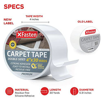Picture of XFasten Double Sided Carpet Tape for Area Rugs and Carpets, Removable, 4 Inches x 30 Yards Super Strong and Heavy-Duty Rug Tape for Carpet to Floor and Rug to Carpet Applications