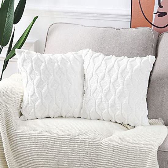 Picture of MADIZZ Pack of 2 Soft Plush Short Wool Velvet Decorative Throw Pillow Covers Luxury Style Cushion Case European Pillow Shell for Sofa Bedroom Square White 24x24 inch