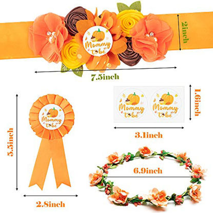 Picture of 5Pcs Pumpkin Maternity Sash Set, Happy Fall Theme Mommy to Be & Daddy to Be Corsage Pins, Flower Crown and Pregnancy Sash Keepsake for Autumn Pumpkin Gender Reveal Baby Shower Party Photo Prop Gift