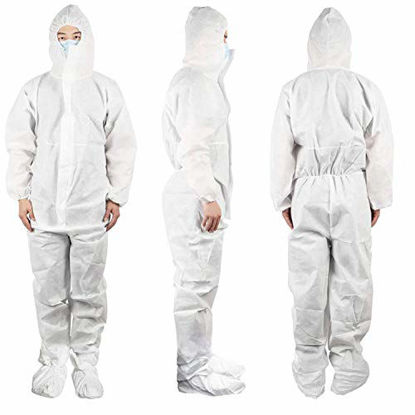 Picture of AMAZING Disposable SF Coveralls, 63" Long. Pack of 5 White Medium Body Protective Suits. Unisex Polypropylene 40 gsm Workwear with Microporous Film, Hood & Boots, Zipper, Elastic Wrists for Painting.